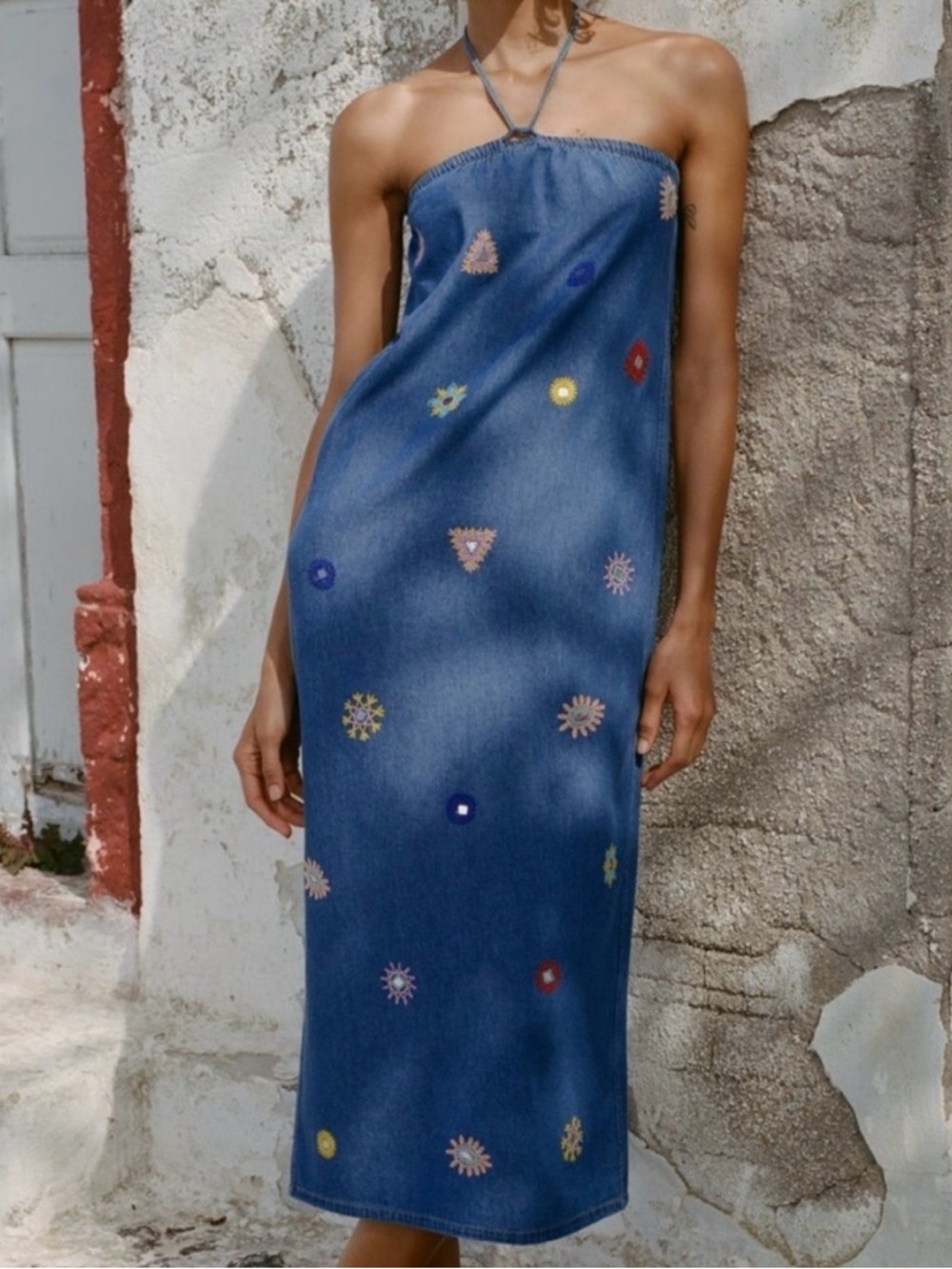 Zara Embroidered Halter Neck Denim Midi Dress